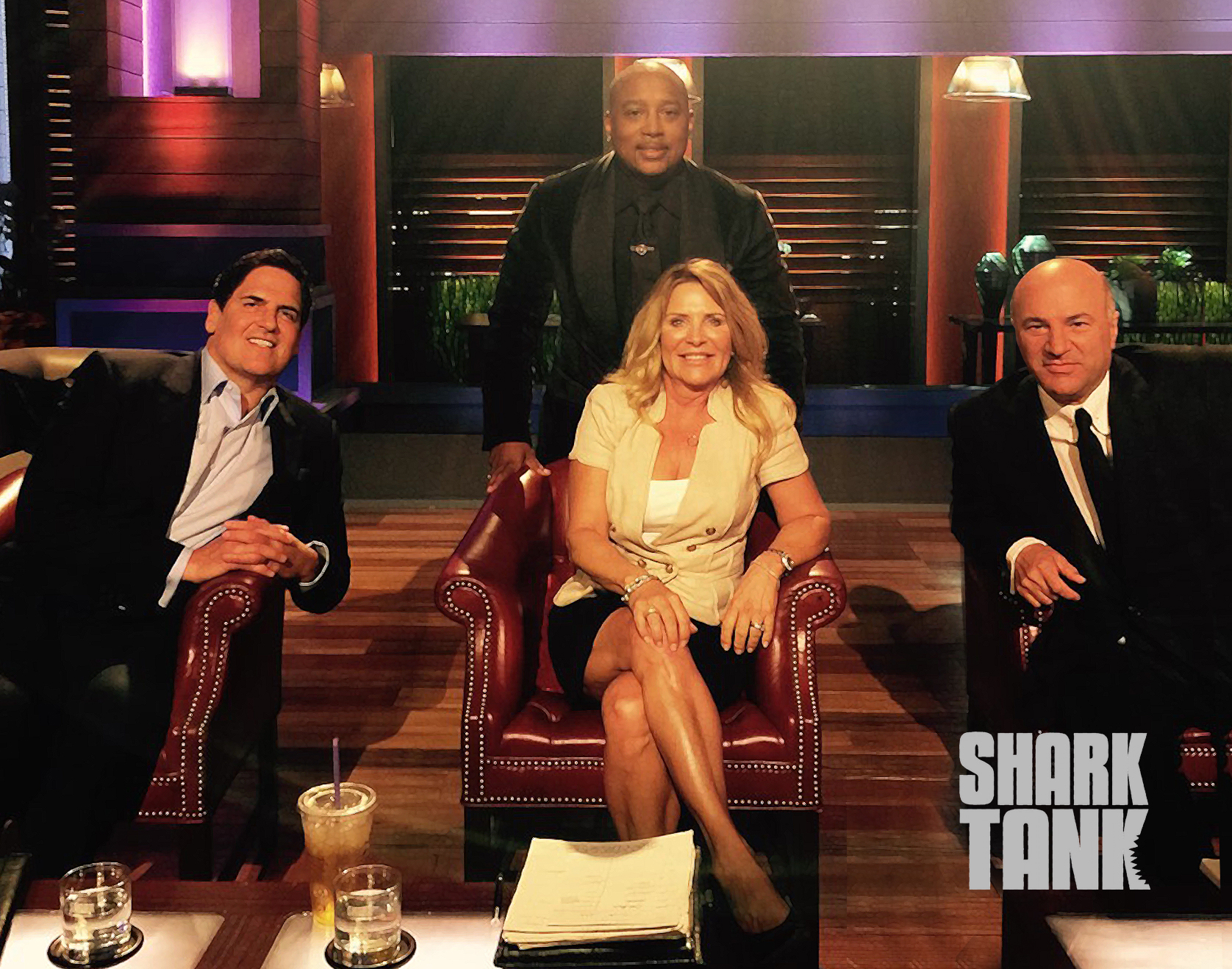 Linda Johansen-James, Daymond John, Mark Cuban and Kevin O'Leary on the set of Shark Tank.